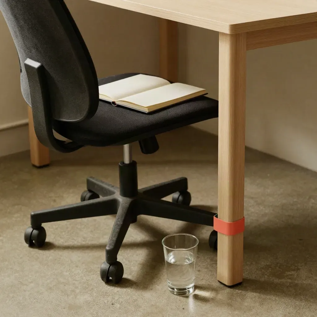 Sedia da ufficio arretrata, quaderno chiuso, bicchiere d’acqua e fascia elastica accanto alla scrivania.
