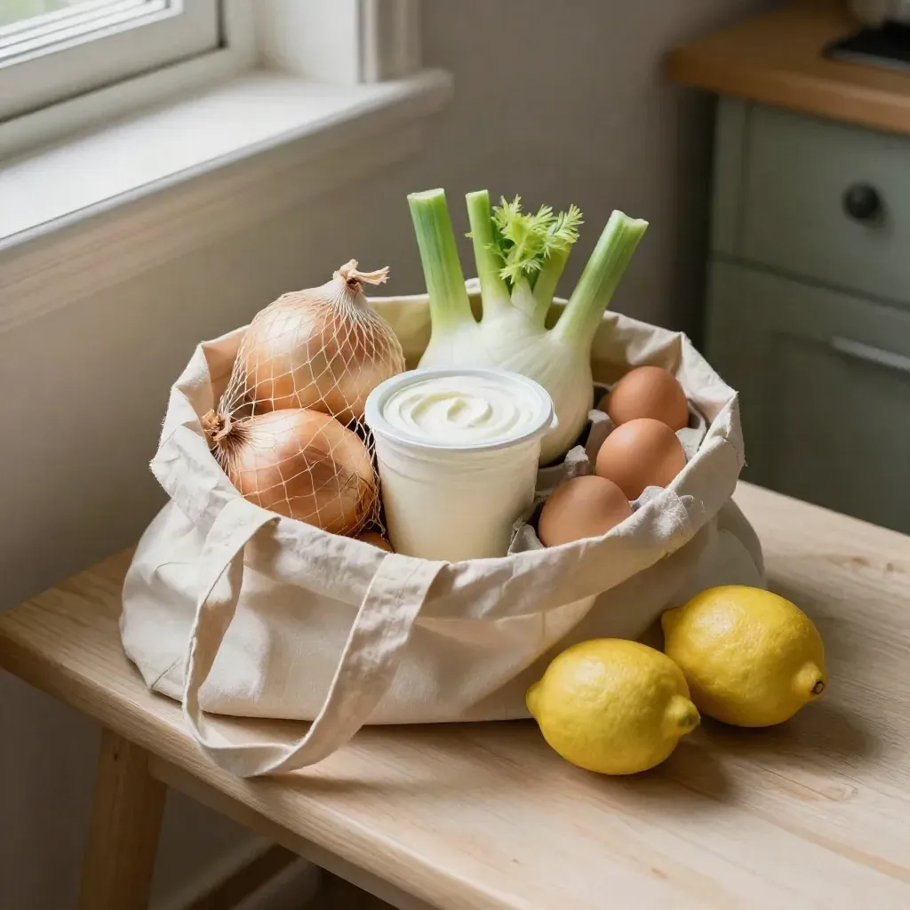 Tote di tela con cipolle, finocchio, yogurt, uova e limoni su una panca di legno chiaro