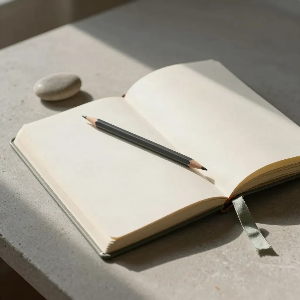 Diario progressi aperto su scrivania chiara con matita, pietra liscia e nastro di lino salvia.