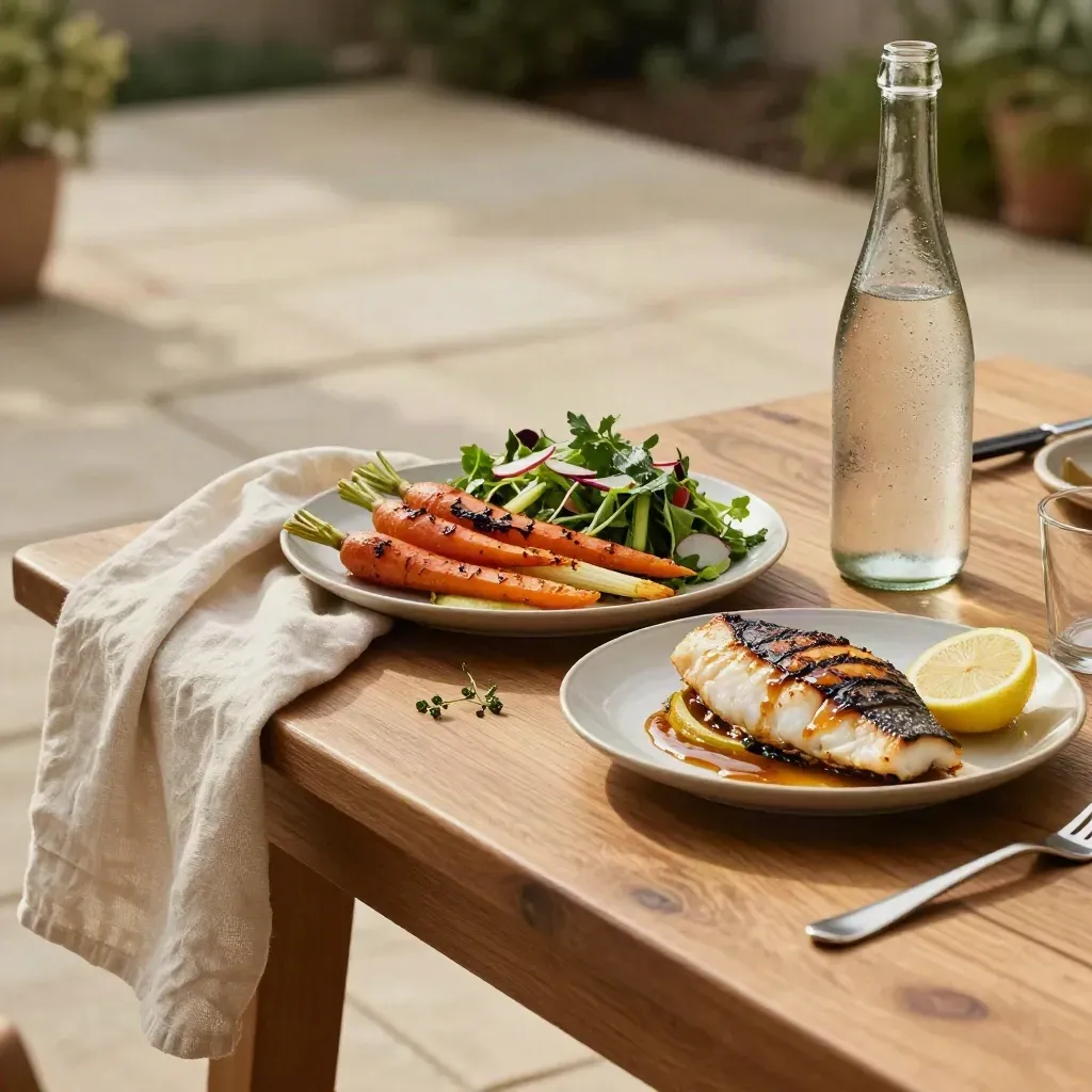Pranzo leggero su tavolo di legno: pesce grigliato, verdure arrostite, insalata e acqua frizzante.