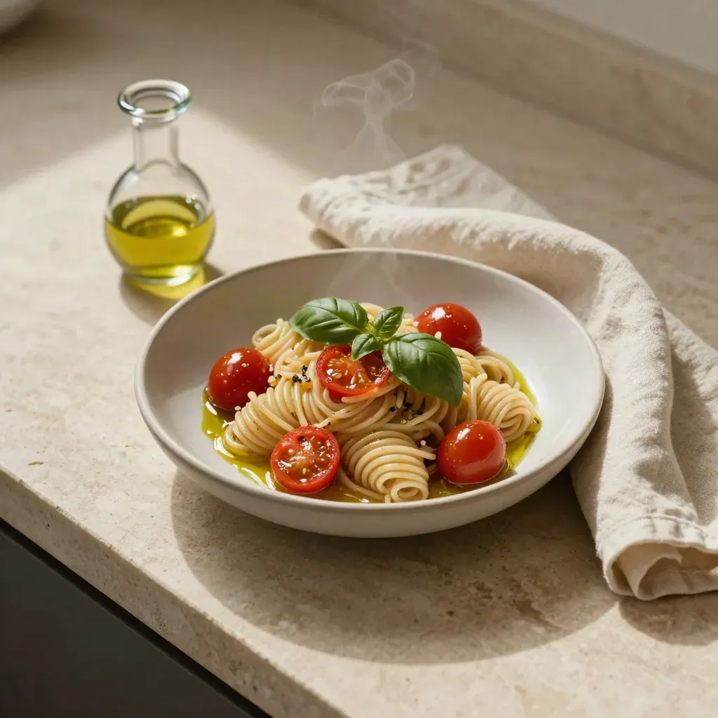 Pasta integrale con pomodorini, basilico e oliera su pietra chiara, stile editoriale.